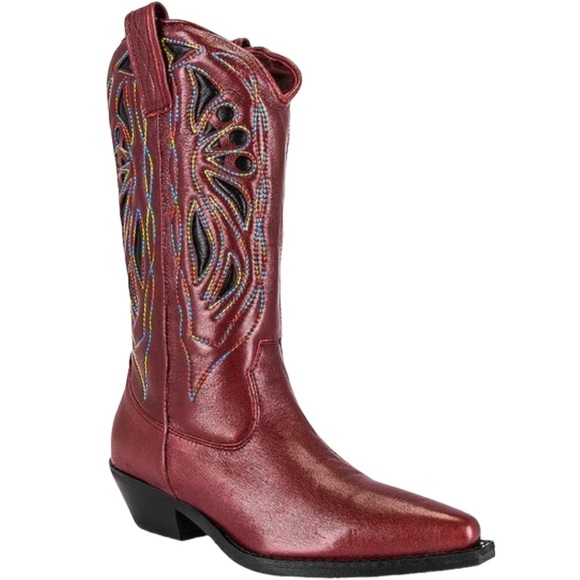 New Free People Rancho Mirage 6.5 Red Multi Embroidered MidCalf Leather Western - Picture 4 of 8